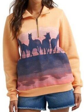 Wrangler Retro Women's Long Sleeve Wild West 1/4 Zip Pullover Sweatshirt Orange